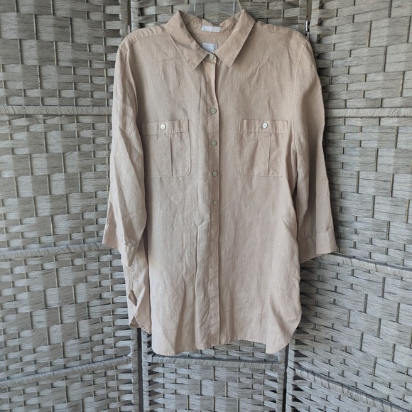 Chico's Tops - Chico's Linen Tunic Top Tan No Iron Button Up 3/4 Sleeve Sz 3 (16) Quiet Luxury